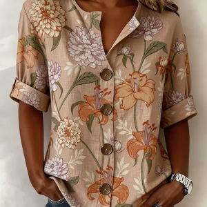 Stand Collar Long Sleeve Floral Buckle Regular Micro-Elasticity Regular Fit Shirt For Women, Shirts, color:As Picture|size:5XL, catalog Noracora shop