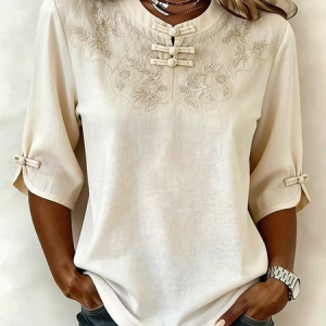 Mandarin Collar Half Sleeve Floral Printing Regular Micro-Elasticity Regular Fit Blouse For Women, Blouses, color:White|size:5XL, catalog Noracora shop
