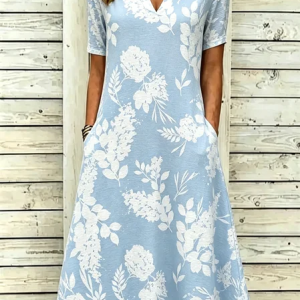Women Floral Summer Dress V Neck Short Sleeve Fit & Flare Dress A-Line Dress, Dresses, color:Blue|size:4XL, catalog Noracora shop