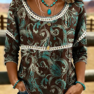 Crew Neck Half Sleeve Paisley Printing Regular Micro-Elasticity Loose Blouse For Women, Blouses, color:Brown|size:4XL, catalog Noracora shop