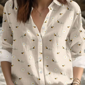 Shirt Collar Long Sleeve Animal Lightweight Regular Fit Shirt For Women, Shirts, color:Off White|size:XXL, catalog Noracora shop