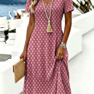 Women Geometric Summer Dress V Neck Short Sleeve A-Line Dress, Dresses, color:Pink|size:4XL, catalog Noracora shop