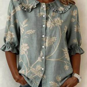 Shawl Collar Short Sleeve Floral Regular Loose Shirt For Women, Shirts, color:Green|size:5XL, catalog Noracora shop