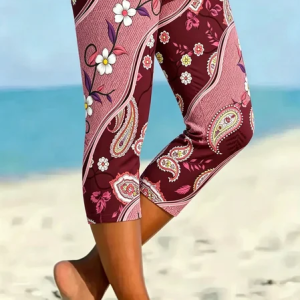 Women Paisley Elastic Waist Vintage Summer Capris Leggings, Leggings, color:Pink|size:XXL, catalog Noracora shop