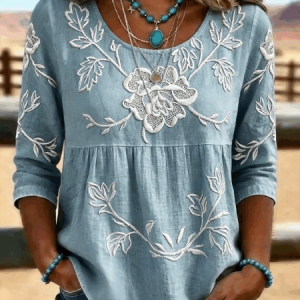 Crew Neck Half Sleeve Floral Regular Micro-Elasticity Loose Blouse For Women, Blouses, color:Light Blue|size:4XL, catalog Noracora shop