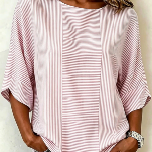 Crew Neck Half Sleeve Striped Printing Regular Micro-Elasticity Regular Fit Blouse For Women, Blouses, color:Pink|size:5XL, catalog Noracora shop