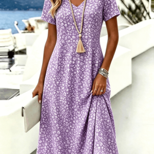 Women Floral Summer Dress V Neck Short Sleeve A-Line Dress, Dresses, color:Purple|size:4XL, catalog Noracora shop