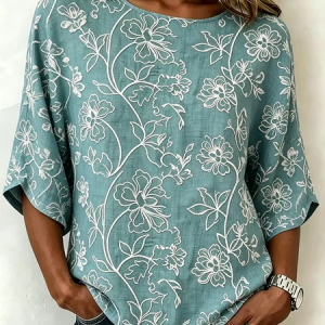 Crew Neck Half Sleeve Floral Lightweight Loose Shirt For Women, Blouses, color:Blue|size:5XL, catalog Noracora shop