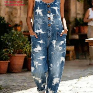 Women Abstract Crew Neck Sleeveless Vintage Summer Cotton And Linen Jumpsuit, Jumpsuits&Rompers, color:Denim Blue|size:5XL, catalog Noracora shop