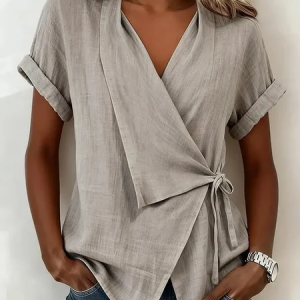 V Neck Short Sleeve Botanical Pattern Regular Regular Fit Blouse For Women, Blouses, color:Silver|size:XXL, catalog Noracora shop