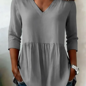 V Neck Long Sleeve Plain Regular Loose Shirt For Women, Blouses, color:Gray|size:5XL, catalog Noracora shop