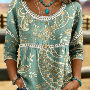 Crew Neck Half Sleeve Paisley Printing Regular Micro-Elasticity Loose Blouse For Women, Blouses, color:Green|size:4XL, catalog Noracora shop