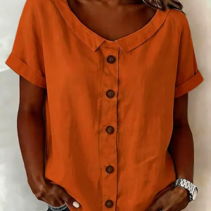 Crew Neck Short Sleeve Plain Regular Loose Shirt For Women, Shirts, color:Orange|size:3XL, catalog Noracora shop