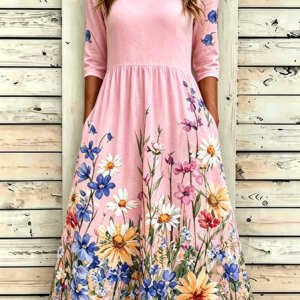 Women Floral Summer Dress Crew Neck Half Sleeve A-Line Dress, Dresses, color:Pink|size:5XL, catalog Noracora shop