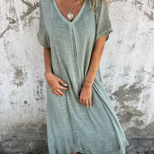 Women Plain Summer Dress V Neck Short Sleeve T-Shirt Dress H-Line Dress, Dresses, color:Green|size:3XL, catalog Noracora shop