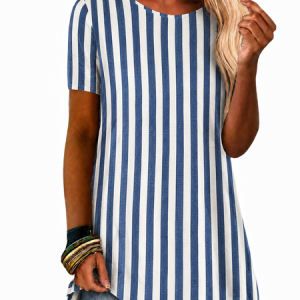 Vintage Striped Crew Neck Short Sleeve T-shirt, T-shirts, color:stripe-blue|size:3XL, catalog Noracora shop