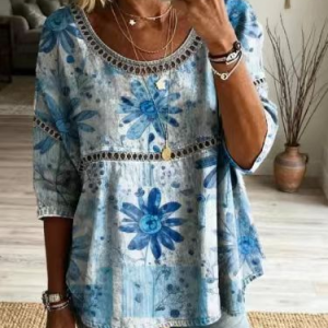 Crew Neck Half Sleeve Striped Regular Micro-Elasticity Loose Blouse For Women, Blouses, color:Light Blue|size:4XL, catalog Noracora shop