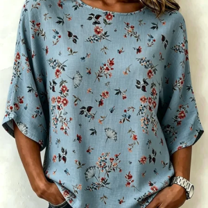 Crew Neck Half Sleeve Floral Regular Loose Blouse For Women, Blouses, color:Blue|size:5XL, catalog Noracora shop