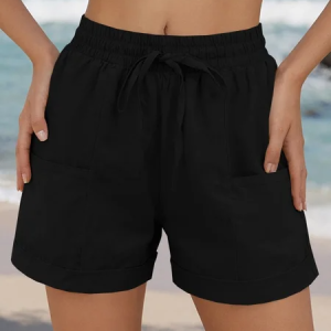 Casual Plain Natural Drawstring Straight Pants Shorts, Shorts, color:Black|size:5XL, catalog Noracora shop