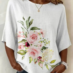 Crew Neck Half Sleeve Floral Printing Regular Micro-Elasticity Regular Fit Blouse For Women, Blouses, color:White|size:5XL, catalog Noracora shop
