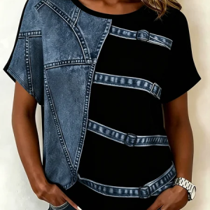 Vintage Faux Denim Print Graphic Crew Neck Short Sleeve T-shirt, T-shirts, color:Black|size:5XL, catalog Noracora shop