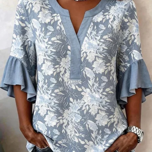 V Neck Half Sleeve Floral Regular Loose Blouse For Women, Blouses, color:Blue|size:5XL, catalog Noracora shop