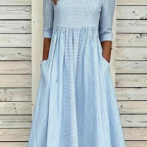 Women Striped Summer Printing Dress Crew Neck Half Sleeve H-Line Dress, Dresses, color:Blue|size:5XL, catalog Noracora shop