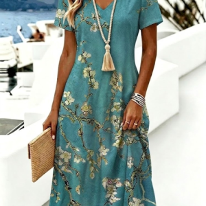 Women Floral Summer Dress V Neck Short Sleeve A-Line Dress, Dresses, color:Green|size:4XL, catalog Noracora shop