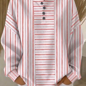 Casual Henley Collar Striped Sweatshirt, Hoodies & Sweatshirts, color:Coral|size:5XL, catalog Noracora shop