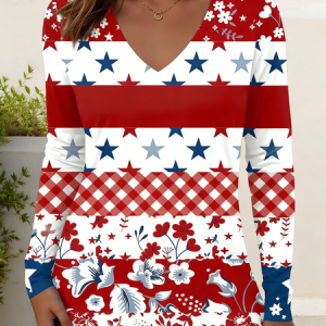 Independence Day Casual America Flag Printing V Neck Long Sleeve T-shirt, T-shirts, color:Color6|size:4XL, catalog Noracora shop