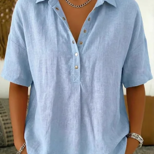 Shirt Collar Short Sleeve Plain Regular Loose Shirt For Women, Shirts, color:Blue|size:3XL, catalog Noracora shop