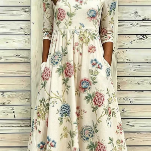 Women Floral Summer Dress Crew Neck Half Sleeve A-Line Dress, Dresses, color:Apricot|size:5XL, catalog Noracora shop