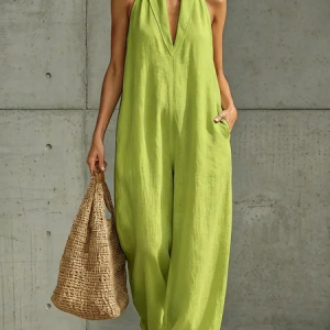 Women Plain Halter Neck Sleeveless Casual Summer Cotton Jumpsuit, Jumpsuits&Rompers, color:Green|size:3XL, catalog Noracora shop