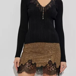 Black lace V-neck, diamond buckle, elastic, slimming long-sleeved knitted sweater for women, new autumn 2025 style - AliExpress Sweaters&Jumpers