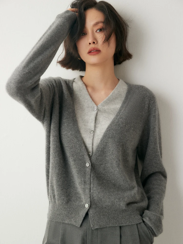 Women's V-neck 100% Cashmere Cardigan Fake Two Sweaters Color Blocked Autumn Winter Office Lady Long Sleeve Knitted Clothing Top - AliExpress Sweaters&Jumpers