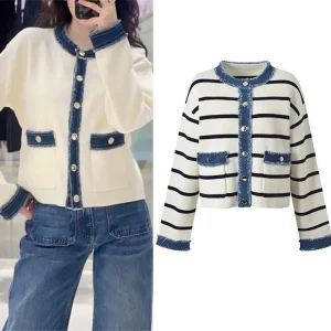 High-End Version Color Blo Design Denim Patchwork Knitted Open Cardigan Top Outerwear for Women round Ne Spring Season - AliExpress Sweaters&Jumpers