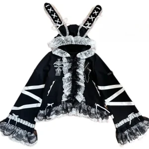 Autumn Winter Subculture Lolita Top Y2K Punk Rabbit Ears Black  White Heavy Industry Lace Silver Fox Velvet Coat Gothic Jacket - AliExpress Sweaters&Jumpers