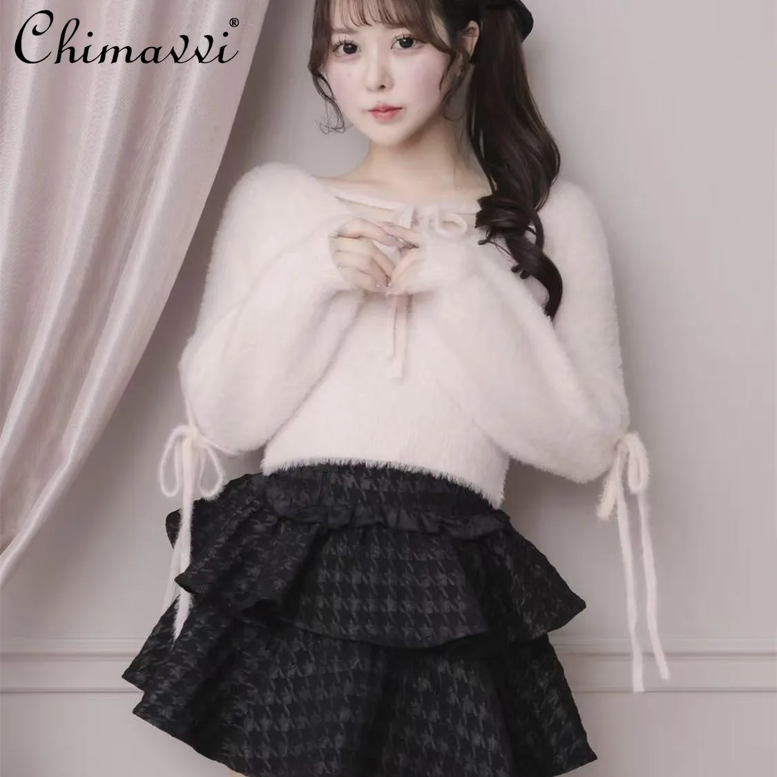 Japanese Sweet Sparkling Sequin Feather Yarn Knitted Lace-up Sweater Spring New Cute Girl Long-sleeve Pullover Y2k Knitted Top - AliExpress Sweaters&Jumpers
