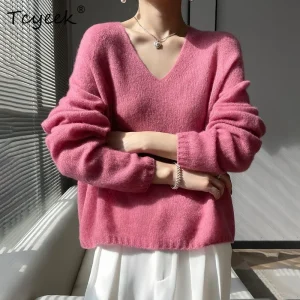 Tcyeek, 77%Cashmere 23% Silk Elegant Sweaters, Women Long Sleeve V Neck, Commute Loose Knitwear, 2024 Autumn New Top T47162QM - AliExpress Sweaters&Jumpers