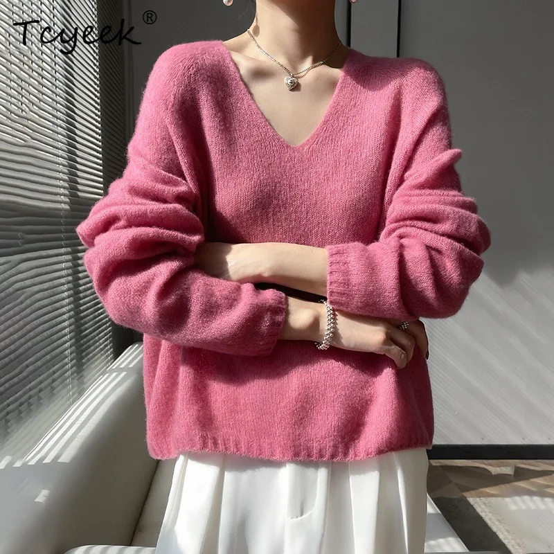 Tcyeek, 77%Cashmere 23% Silk Elegant Sweaters, Women Long Sleeve V Neck, Commute Loose Knitwear, 2024 Autumn New Top T47162QM - AliExpress Sweaters&Jumpers