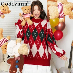 Christmas Color Block Diamond Sweater for Women Autumn Winter Soft Knitted Sweater Female Japanese Style Knitted Pullovers - AliExpress Sweaters&Jumpers