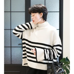 Warm Comfortable Camere Wool Stripe Knit Sweater Women Casual High Collar Loose Fit Bla White Casual Loose Sle Knitted Top - AliExpress Sweaters&Jumpers