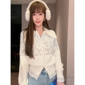 Youlu Luxury Heavyweight Fair Isle Motif Embroidered Open Cardigan Women's Autumn Winter Knitted Jaet with Double Zipper - AliExpress Sweaters&Jumpers