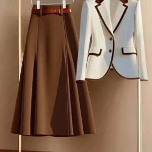 Women's Single-Breasted Blazer & A-Line Skirt Set with Contrast Trim, Apricot & Brown, Casual Business Outfit - AliExpress Sweaters&Jumpers