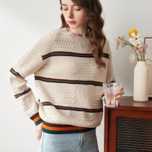 Cboca Women's Knitted Wool Sweater round Ne Striped Color Blo Autumn New Arrival Thiened Long Sve Loose Fit Sweater - AliExpress Sweaters&Jumpers