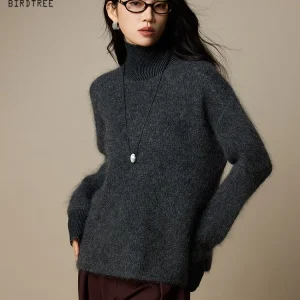 Birdtree,Mohair Blended Knitted Sweater,Women Turtleneck Basics Knitwear,Plush Tops,2025 Autumn Winter Grey Pullover T5N803JF - AliExpress Sweaters&Jumpers