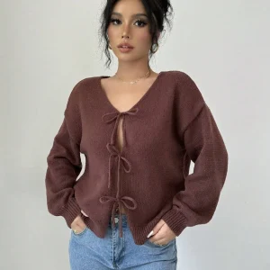 Women's Solid V-Neck Drop Shoulder Long Sleeve Front-Tie Knit Cardigan - AliExpress Sweaters&Jumpers