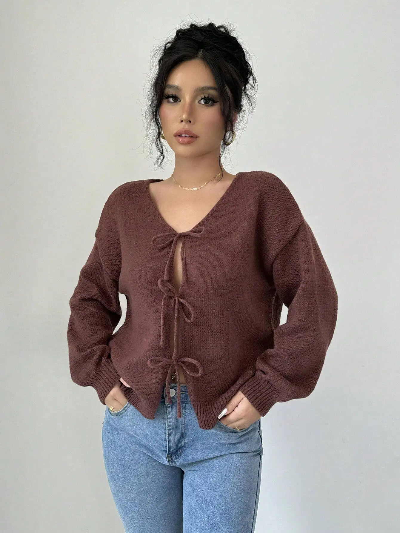 Women's Solid V-Neck Drop Shoulder Long Sleeve Front-Tie Knit Cardigan - AliExpress Sweaters&Jumpers