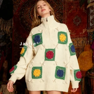 Retro Bohemian Color Block Floral Sweater For Women 2026 Autumn/Winter New Style Half Zipper High Neck Knitted Pullover Sweater - AliExpress Sweaters&Jumpers