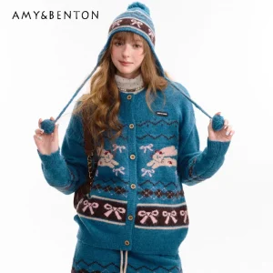 2025 Autumn Winter New Animal Bow Blue Green Women's Sweaters Cardigan Vintage Design Sweet Cute Y2k Versatile Jackets Female - AliExpress Sweaters&Jumpers